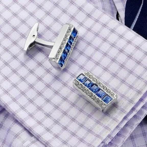 Princess Cut Lab Created Sapphire Diamond Men's Cufflinks 14K White Gold Plated