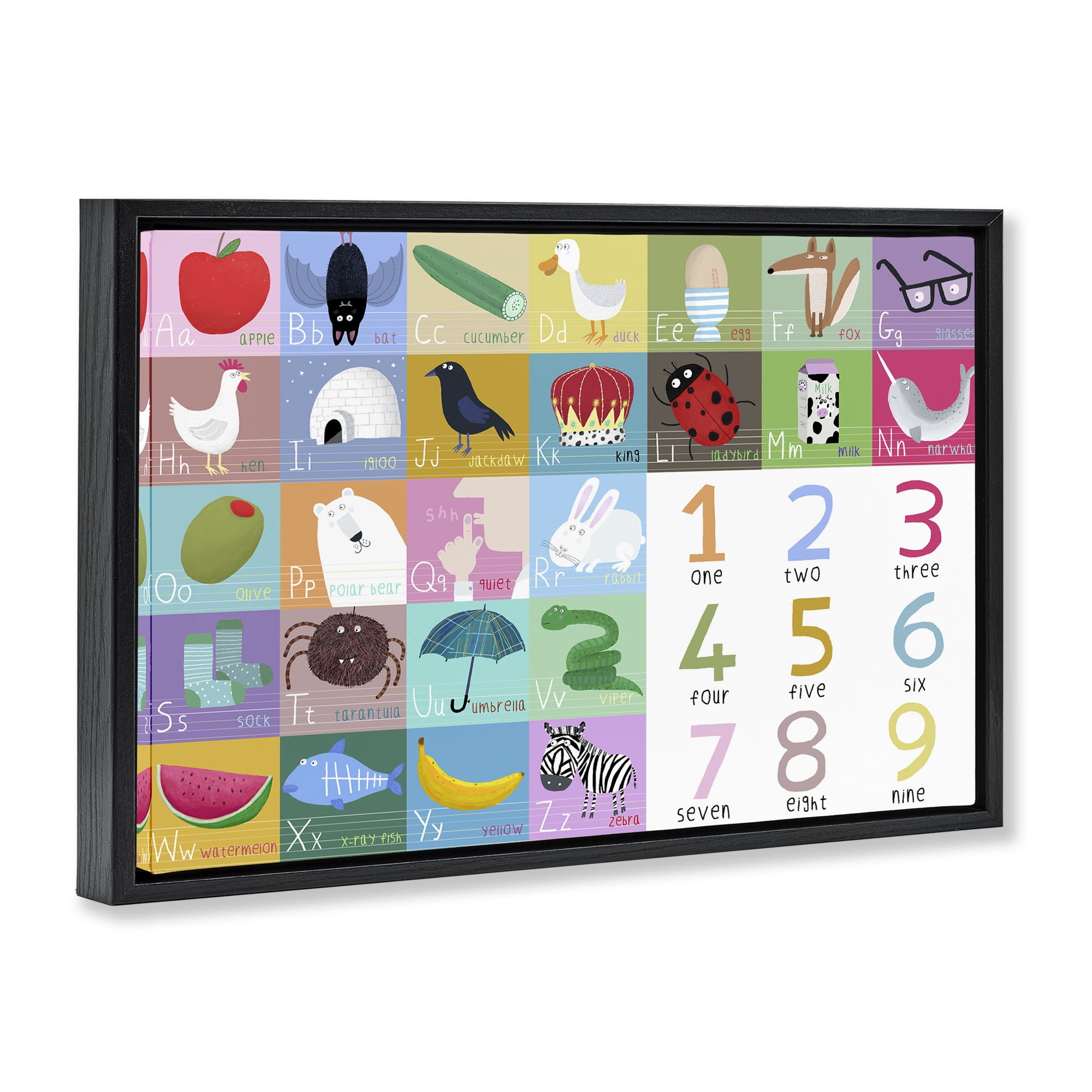 Stupell Industries Alphabet & Numbers First Words Black Framed Floater Canvas Wall Art, design by Carla Daly
