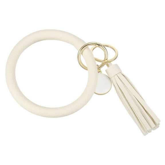 Uxcell PU Leather Circle Wristlet Keychain, Tassel with Pendant Round Bangle Keyring Bracelet Wristlet Holder Keychains for Women Car Key Accessories- 1 PCS (Beige)