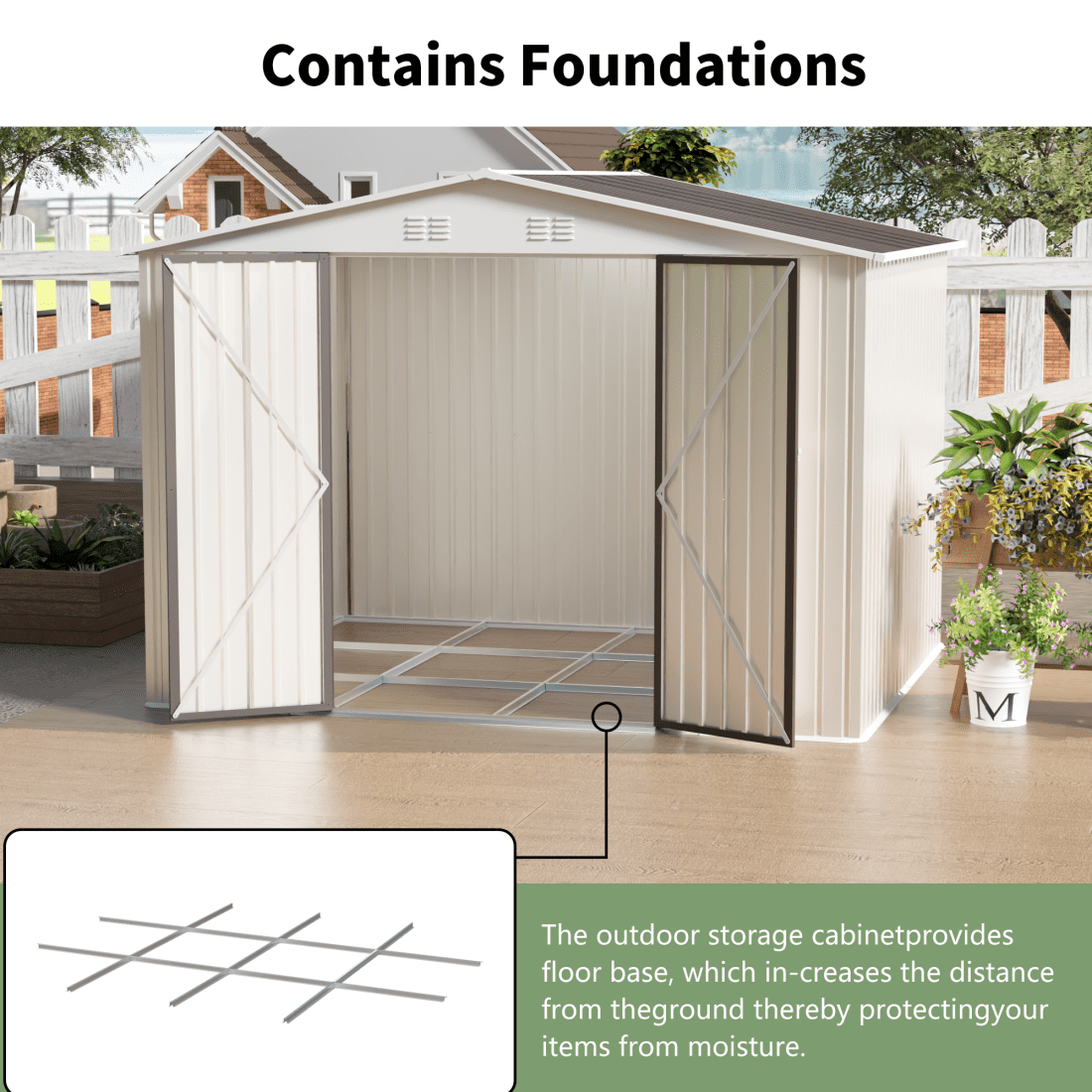 10x8 FT Outdoor Storage Shed with Foundation, Metal Garden Shed with Lockable Door and 4 Vents, All-Weather Tool Sheds for Garbage Accessories, White