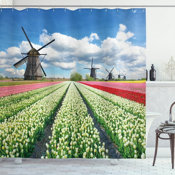Ambesonne Windmill Shower Curtain, Vivid Farmland Scenic, 69"Wx70"L, Multicolor