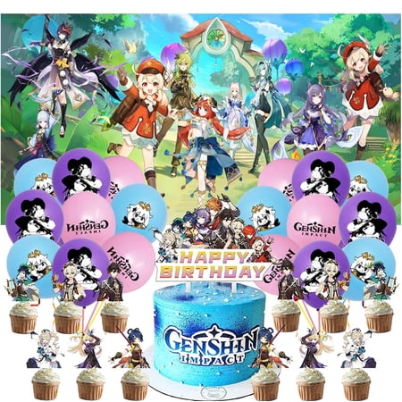 Genshin Impact Party Supplies Cake Topper Decor Kit Latex Balloons Birthday Decorations Banner Backdrop