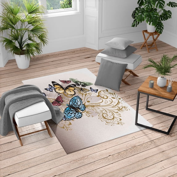 Butterfly Turkish Area Rug, Monarch Butterflies Vintage Damask Inspired Design, Soft Carpet for Living Room Decor with Distressed Look, 5.2' X 7.6', Lilac Black, by Ambesonne