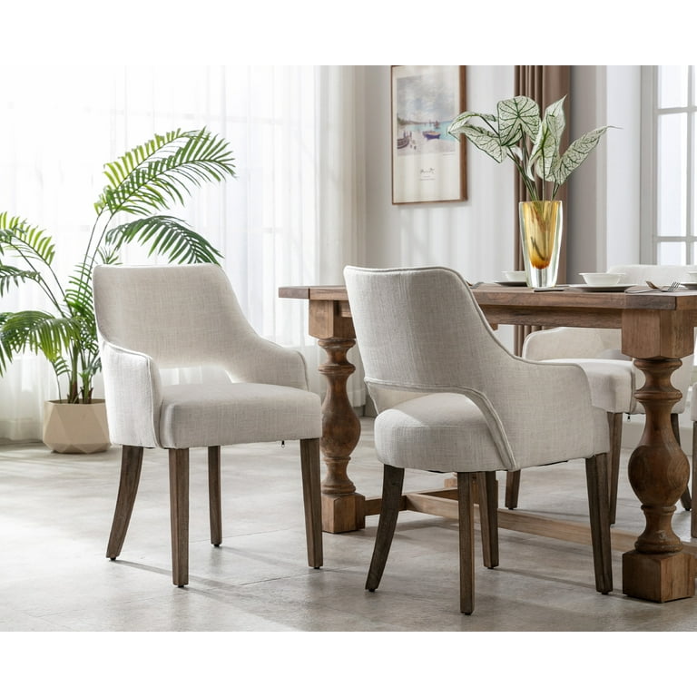 Guyou Elegant Mid Century Modern Dining Chair Set of 2 Linen Upholstered Armchair with Open Back and Wooden Legs Cream Walmart