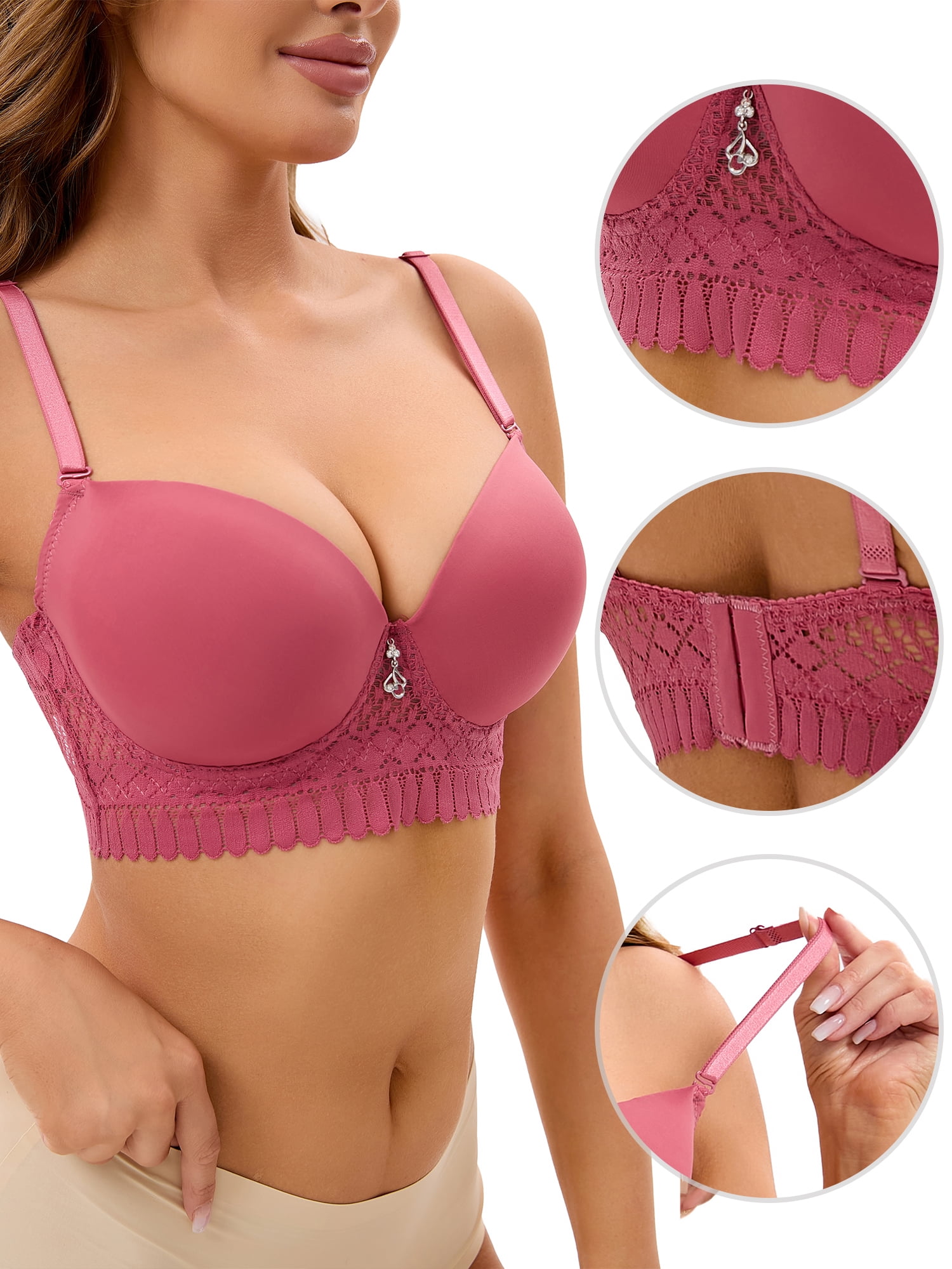 Unique Bargains Women's Adjustable Straps Lightweight Lace Trim Push Up Bras D 34 Red