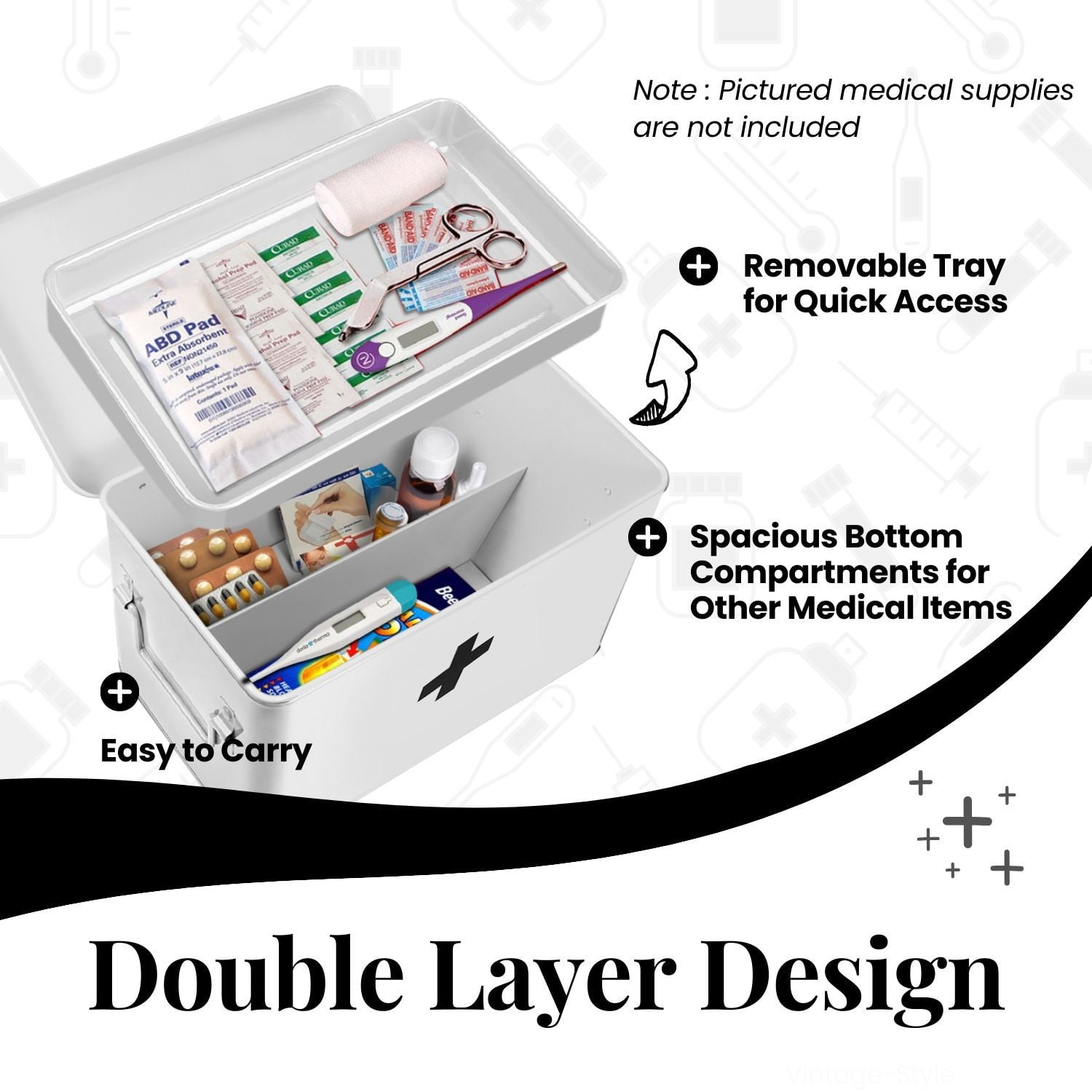 First Aid Box Organizer - Empty 13" White Vintage First Aid Kit Tin Metal Medical Box - First Aid Storage Box Container Bins with Dividers, Removable Tray and Black Cross Logo