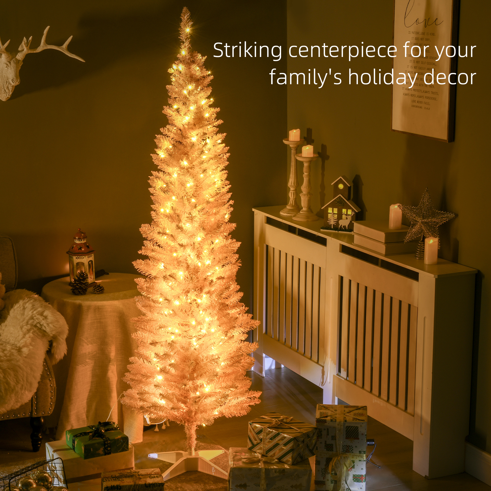 6FT Pink Slim Pencil Artificial Christmas Tree, 390 Tips 200 Warm White LEDs, Section Design, Flame Retardant Sturdy Base, Indoor Holiday Decor