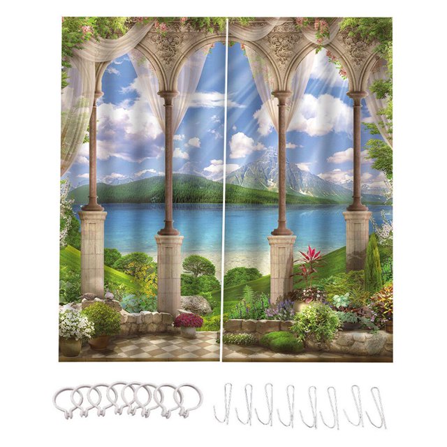 AMERTEER Rideau avec Motif de Vue sur la Mer Rideaux Décoration Draperie Inaltérable Imprimé Lavable à la Machine