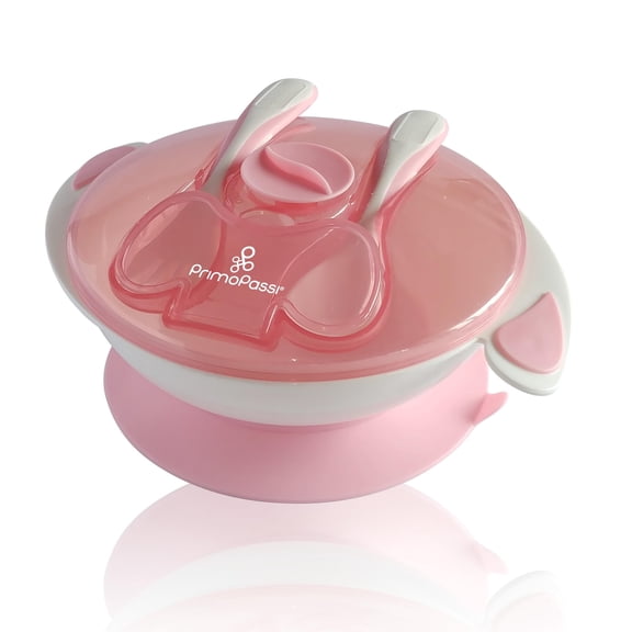 Primo Passi Baby Suction Bowl Feeding Set with Spoon, Fork & Lid, Light Pink