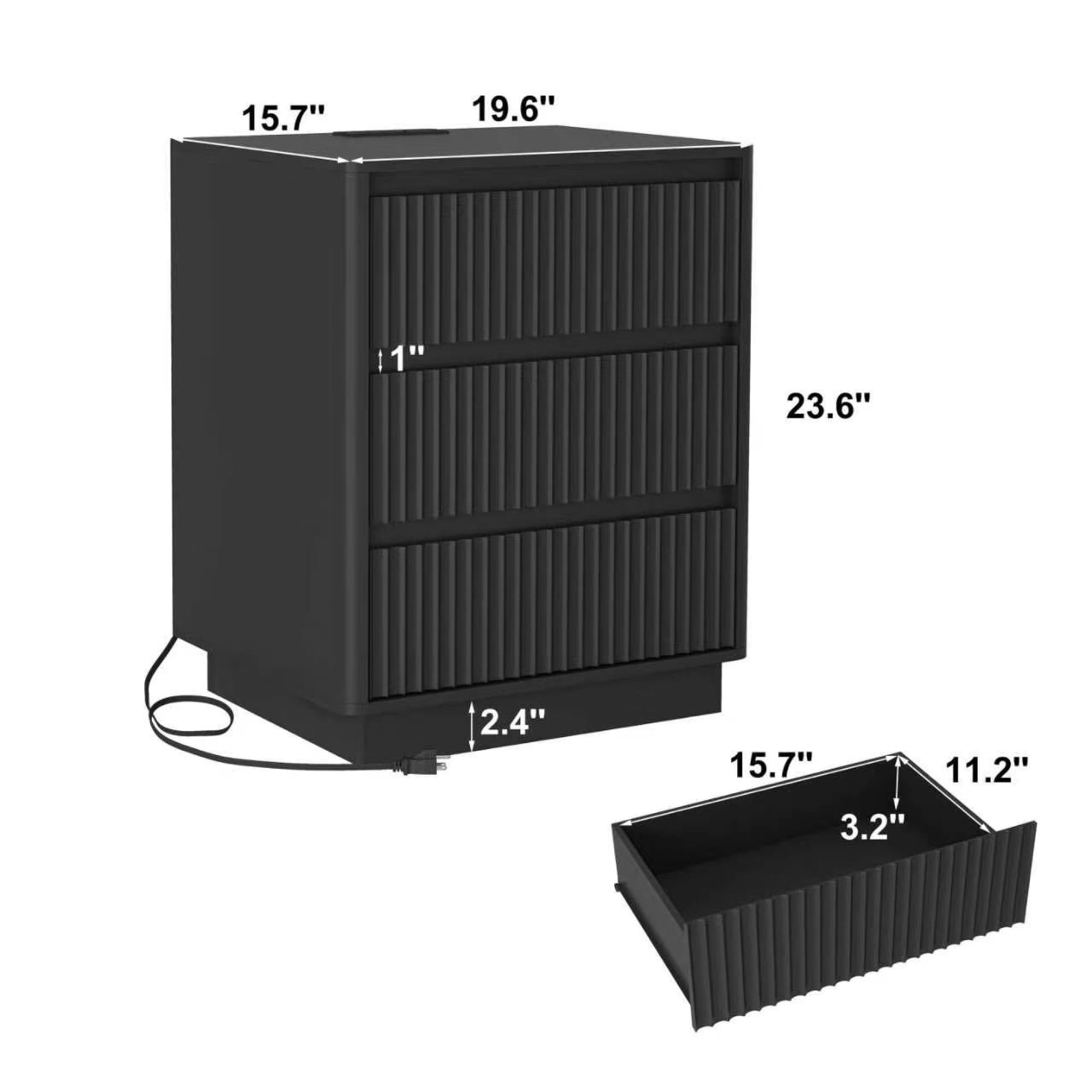 Leumius 3-Drawer Small Nightstand Set of 2 with Charging Station,Modern Sofa Side Table End Table Wood Storage Cabinet for Living Room,Bedroom,Office,Black