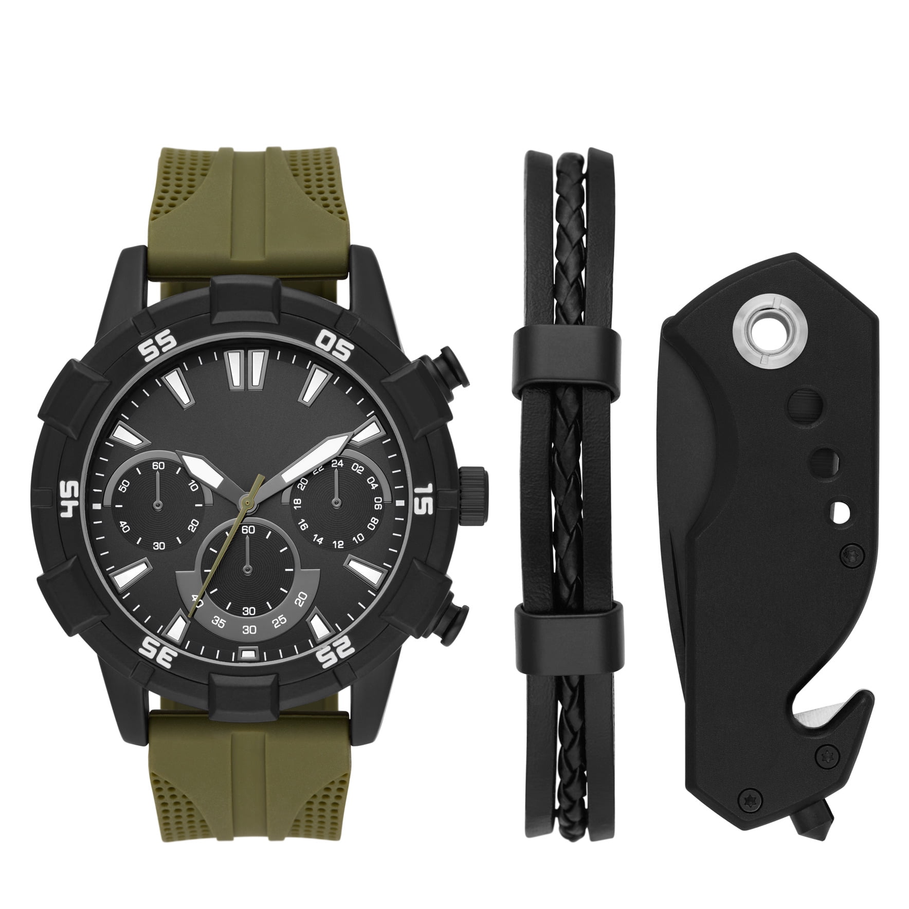 George Men's Watch Gift Set with Gunmetal-tone Watch, Black Sunray Dial and Olive Green Textured Silicone Strap