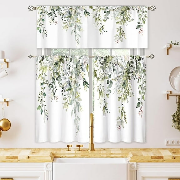 Eucalyptus Botanical Leaves Small Short Kitchen Curtains Farmhouse Flower Window Curtains Valance and Tier Set 3 Piece 36 Inch Sage Green Tier Treatment Curtain Boho Cafe Curtains for Bathroom