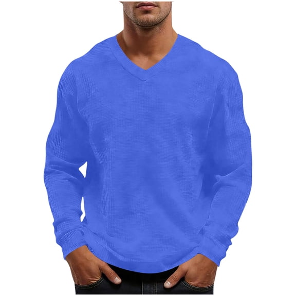 Mens Summer Night Thermal Long Sleeve V Neck Waffle Knit T-Shirts Pullover Tops Regular Fit Textured Shirt, Business Casual Breathable Solid Color Tee for Office Work, Big & Tall