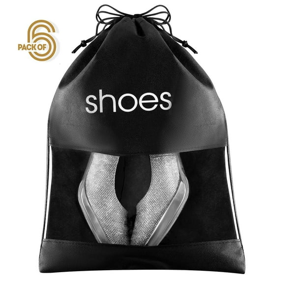 FABBPRO Shoe Storage Bag Organizer See Through  Black Color 6 Pack  15" x 10.5"  Shoes Travel Bags with Drawstring & PVC Window to Identify Shoes  Ideal for Home, Guest Room, Travel Bag