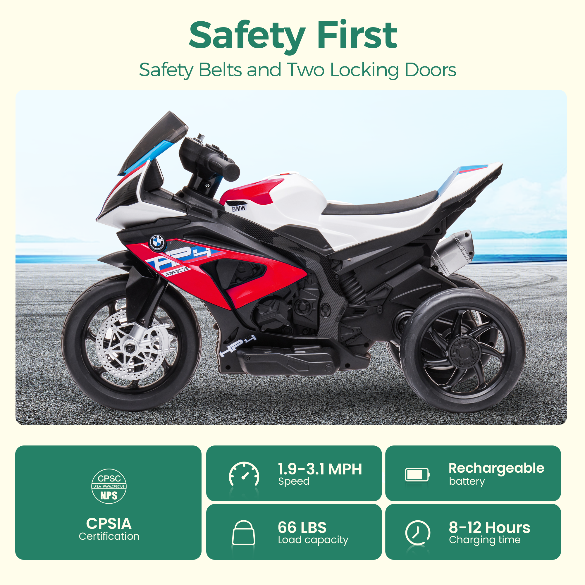 Alpha Joy Kids Ride On Motorcycle BMW Licensed 3-Wheel Electric Motorbike 12V Battery Powered Ride Bike w/Music Headlight, Red