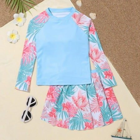 

Esho 2-12Y Girls Rash Guards Swimsuit Long Sleeve Swim Shirts + Swim Culottes Cover-up Skirts 2 Pieces Bathing Suits Set