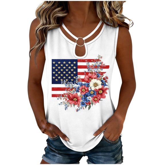 Fewfanhot Women's 4th of July 250th Anniversary American Flag Print Tank Top, Halter O-Ring Neck Sleeveless Patriotic Star Stripe Blouse, Casual Summer Vest, S-3XL