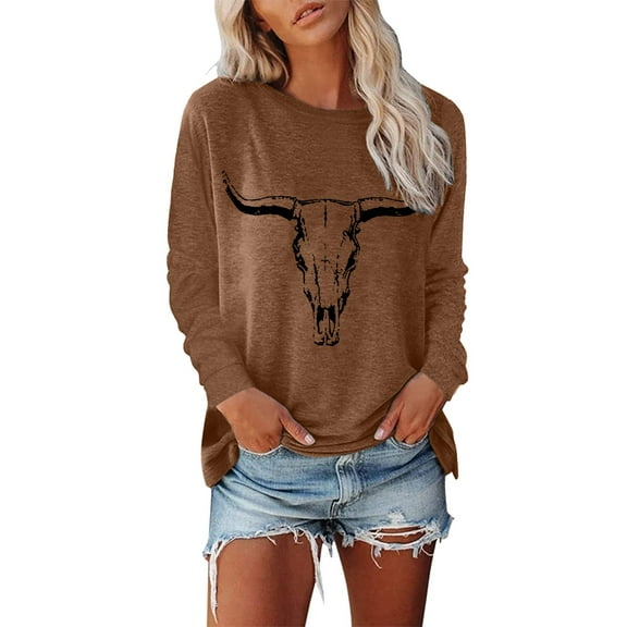 Women's Long Sleeve Shirts Vintage Graphic Print Crew Neck Pullover Tee Tops Relaxed Fit Casual Workout Basic Outfits Blouses