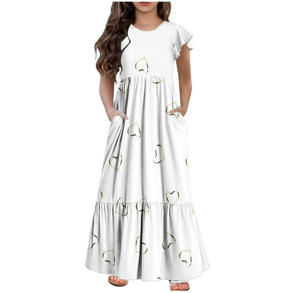 Jgppe Maxi Dress for Girl Summer Spring Pleated Ruffle Sleeve A-Line Casual Sundress 6-13 Years