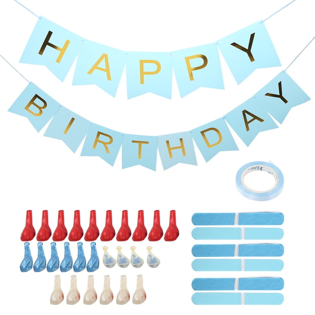 globo, globo de fiesta de cumpleaños, globo decorativo de papel, globo de fiesta, diseño elevado Juego azul banderín 'HAPPY BIRTHDAY' en papel azul claro con letras doradas; incluye 24 globos en rojo, azul y crema, rollo de cinta y tiras adhesivas para colgar. Vista frontal centrada sobre fondo blanco; también adecuado para decorar mesas de fiesta DIY.