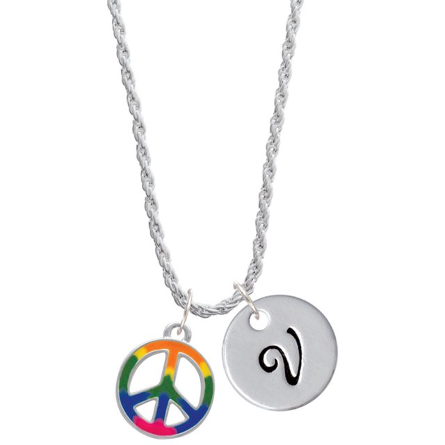 Delight Jewelry Silvertone Large Rainbow Colored Peace Sign Silvertone Script Initial Disc - V - Charm Necklace, 20"+3"