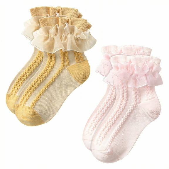 TELOLY 2Pairs Kids Socks,Age 10 Ruffle Socks,Lightweight Fabric Lace Socks,Combination1