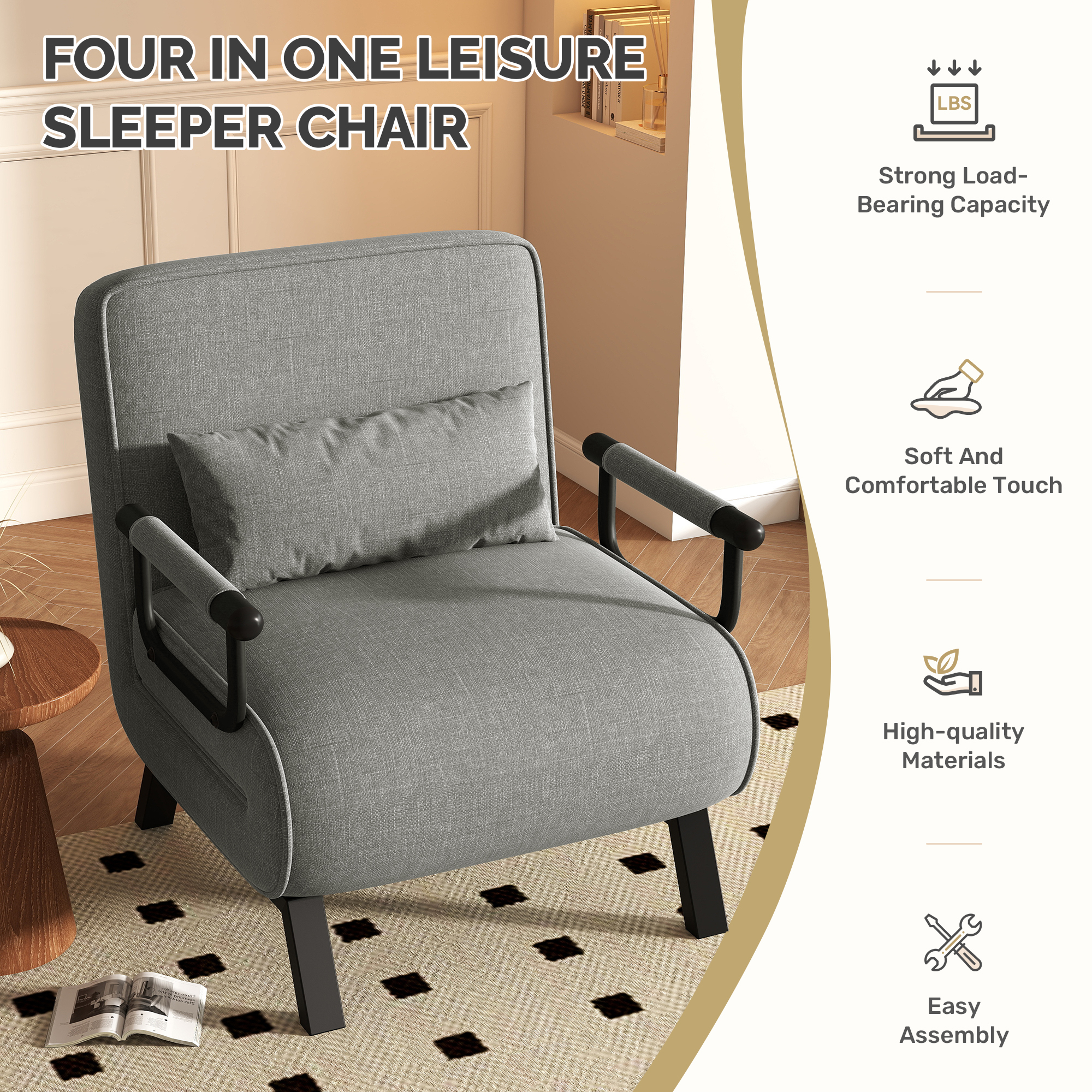 Daluvenix 4 in 1 Convertible Sofa Bed Sleeper Chair with a Pillow, 5 Position Modern Single Person Chaise Lounge Couch , Linen Folding Bed for Living Room Office, Dark Grey