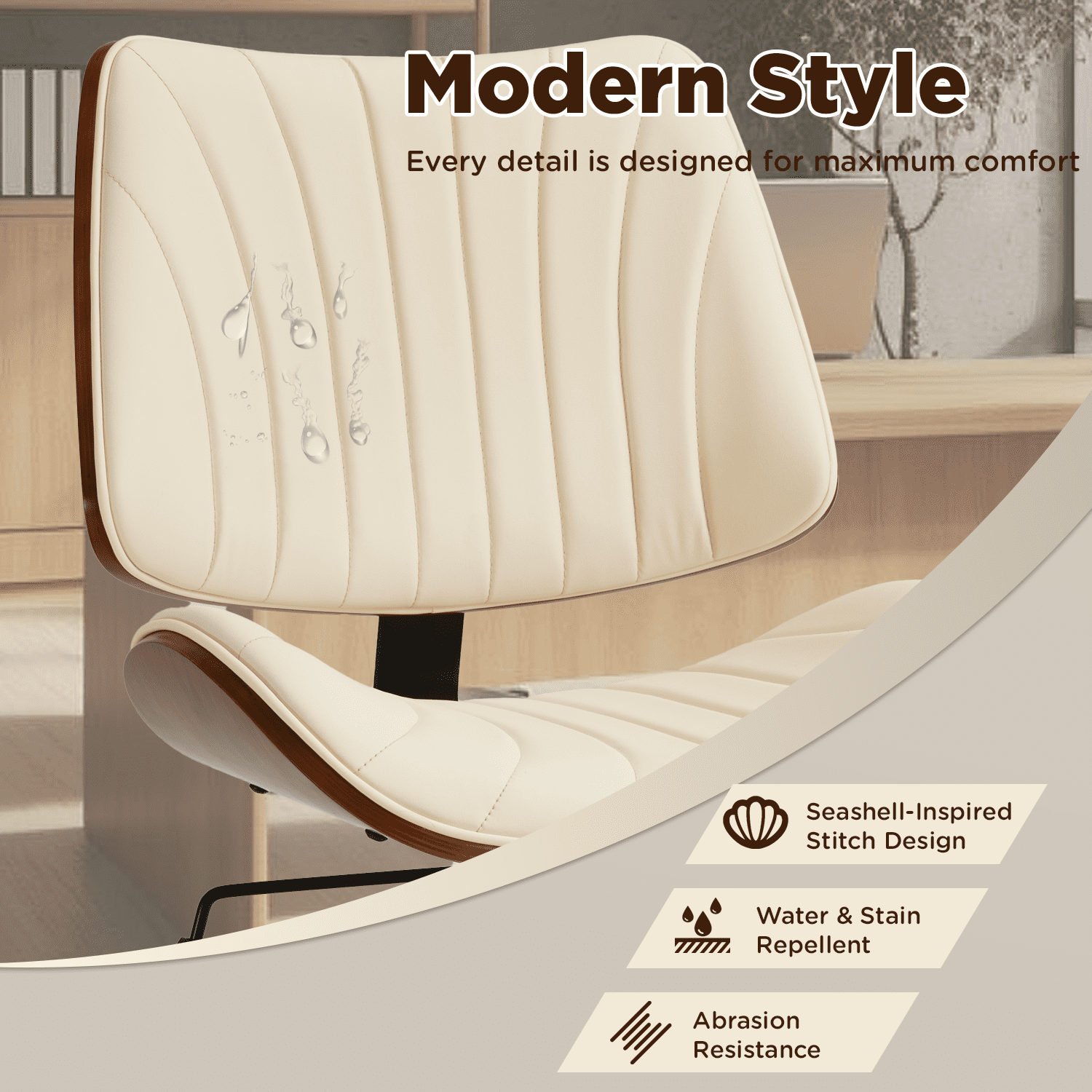 Erinnyees Wooden Office Desk Chair, Modern Armless Chairs, Armless, Adjustable Height, with Swivel Wheels for Small Spaces, Beige