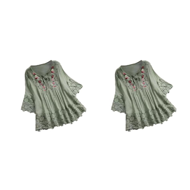 Blusa vintage Qarigey para mujer fibra de verano cómoda duradera cuello en V verde L 2Conjunto