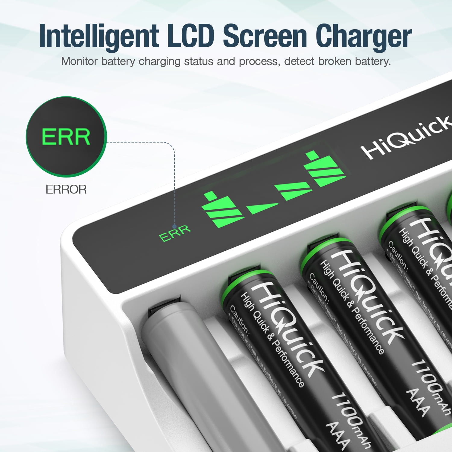 HiQuick 4 Pack AA 2800mAh and 4 Pack AAA 1100mAh Rechargeable Batteries with 8 Bay LCD Smart Battery Charger, Dual USB Input