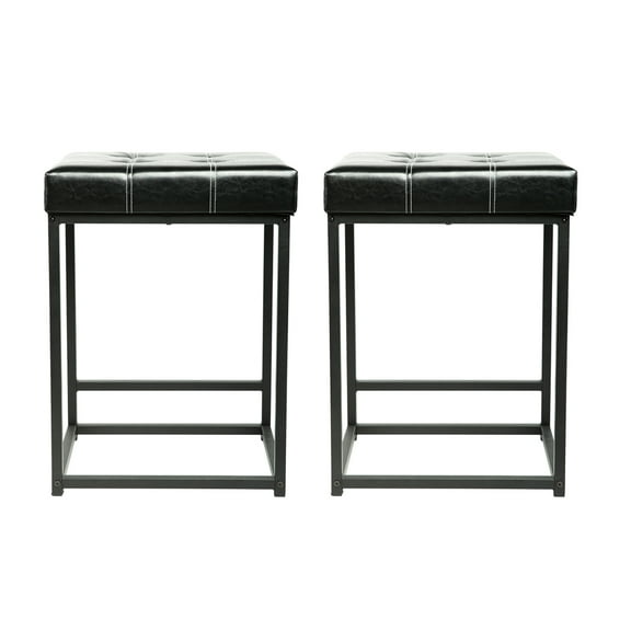 GIA Design Group 24 Inch Counter Height Metal Stools with Vegan Leather Seat, Black, Set of 2