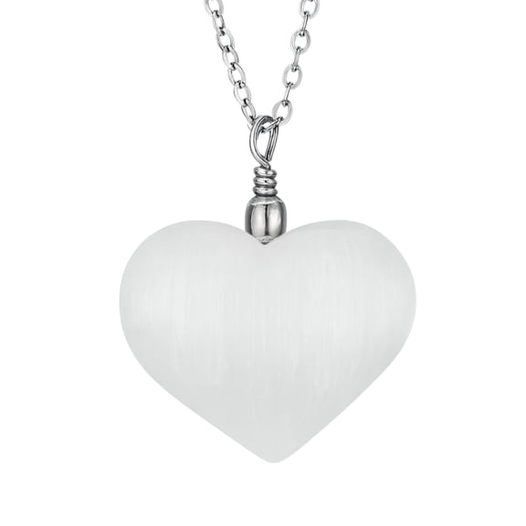 Wish Well Selenite Crystal Pendant Necklace – Healing Crystals & Stones for Energy Healing & Spiritual Protection – Natural Stone Necklace with 18–20" Adjustable Stainless Steel Chain (Heart)