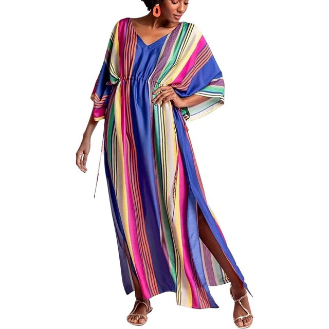Xishao Mujer Kaftan Vestido Fuera del Hombro Caftan de Playa Cover Up Maxi Vestido Traje de Baño Estampado Rayas de colores Rayas de colores Xishao ropa