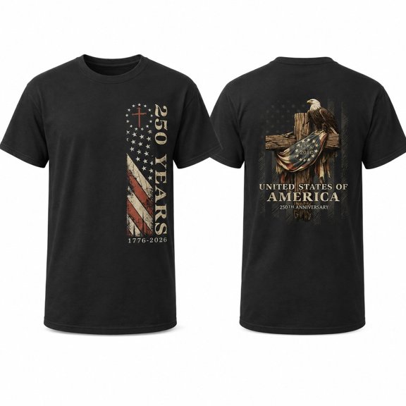 250 Years Patriotic Graphic T-Shirt, USA 1776-2026 Eagle Flag Cross Tee