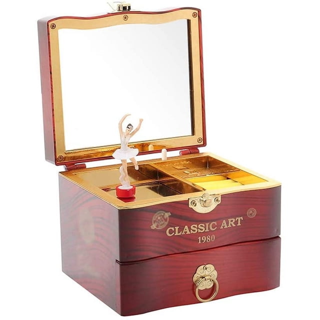 Caja de música suave para guardar joyas, con cajón y bailarina giratoria, color marrón