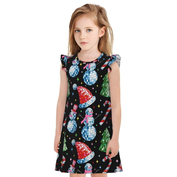 Fotbe Disco Mirror Ball Snowman Vestido de Dormir para Niñas de 3 a 10 Años, Mangas Cortas, Estilo Princesa, Pijama Camisón con Mangas Voladas-Small