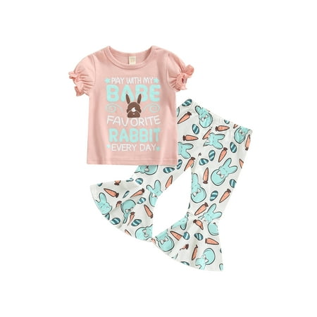 

aturustex Toddler Girls Easter Outfits 6M 12M 18M 24M 3T 4T 2pcs Short Sleeve Crew Neck Floral Bunny Print T-Shirt + Flared Pants Set Summer