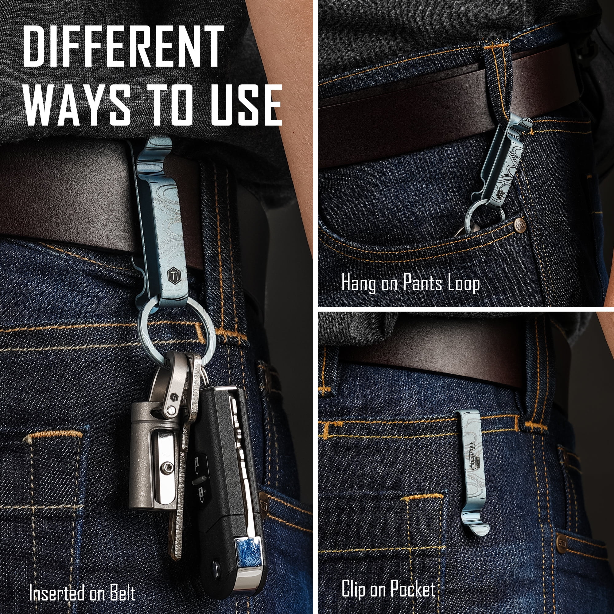 Key Unity Belt Key Clip, Titanium Double Side Quick Release Key Holder with Detachable Keyring for Belt Pants Loop Pocket, KM00, Blue