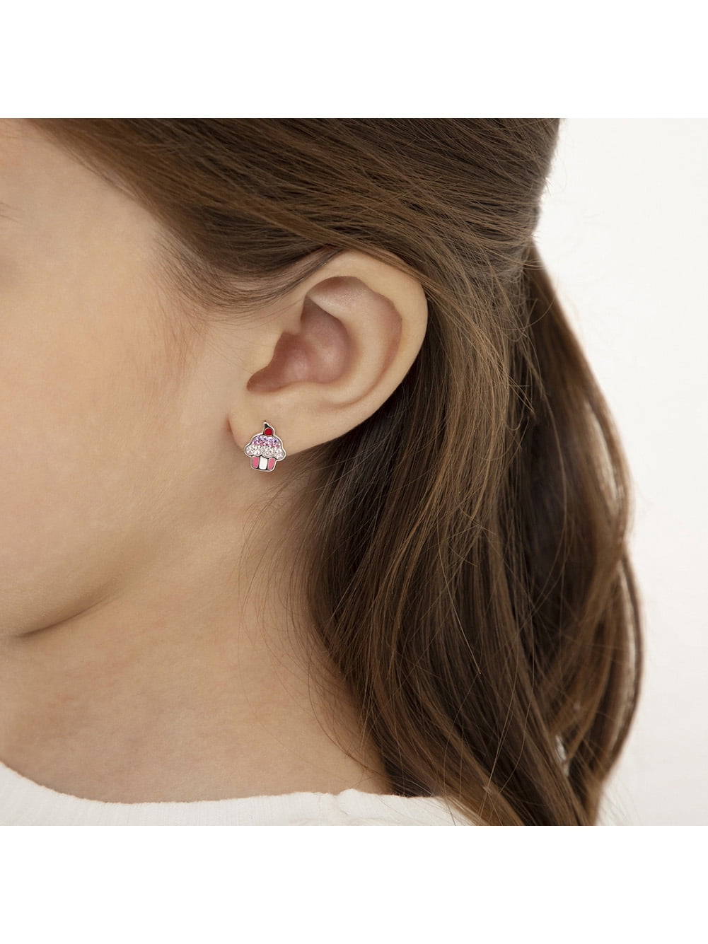 Colorful CZ Cupcake Baby / Toddler / Kids Earrings Screw Back - Sterling Silver