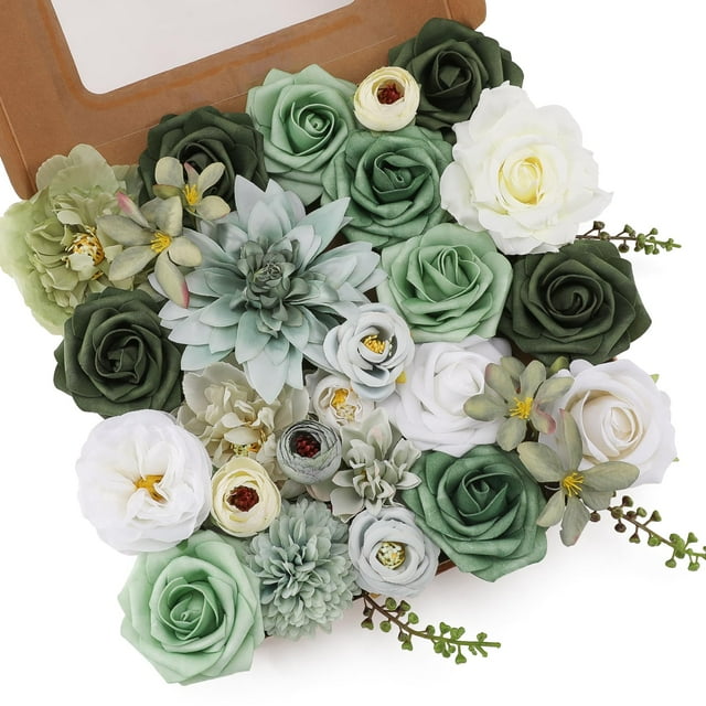 Combinación de flores artificiales Floweroyal Green Mix Dahlia Roses 24 unidades