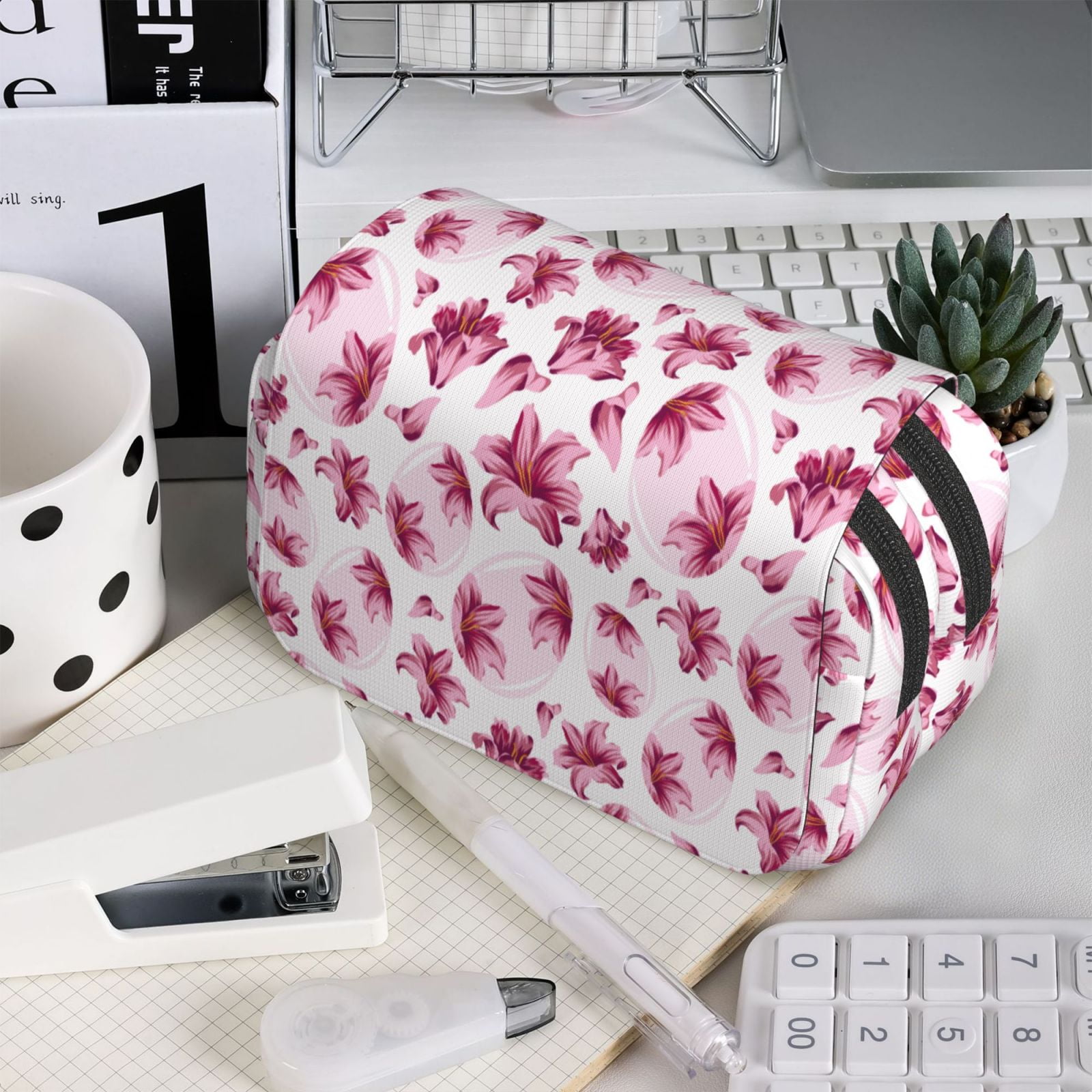 Rateoe Lilies Flowers Pattern Double Clamshell Pen Case, Storage Organizer with Two Zipper Compartments– Holds Up to 50 Pencils & Pens