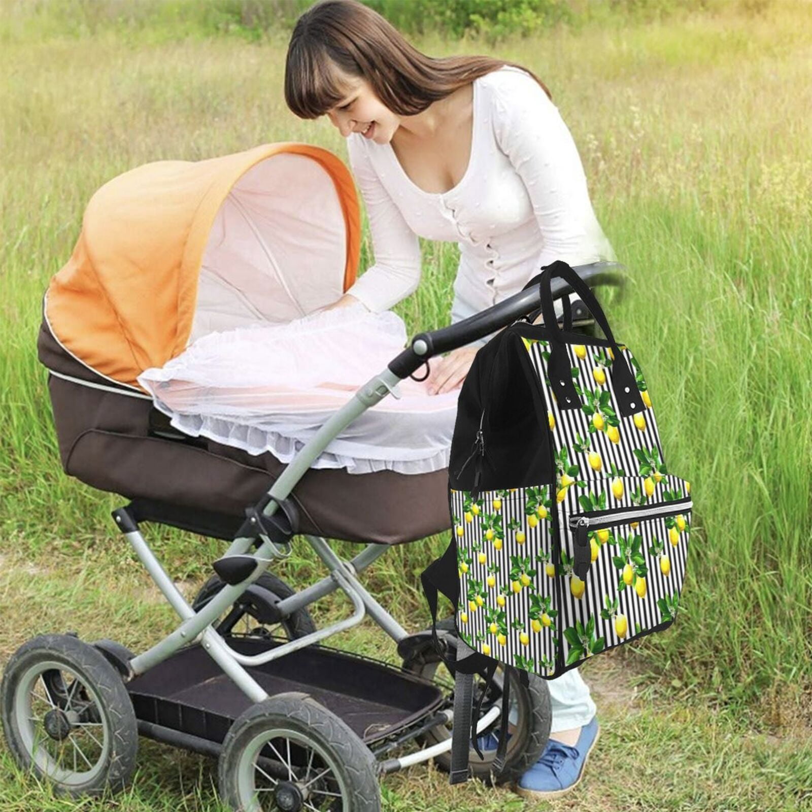Ratiio Lemons on Striped Mummy Backpack - Waterproof Twill Canvas, Large Capacity Diaper Bag with Multiple Pockets and Adjustable Straps