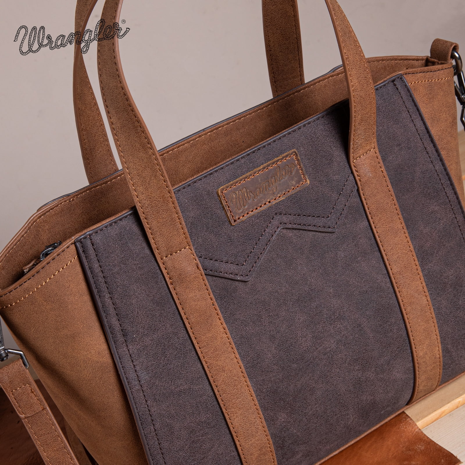 Wrangler Color Block Tote Bag for Women - Stylish Large Shoulder Purse and Handbag, Coffee