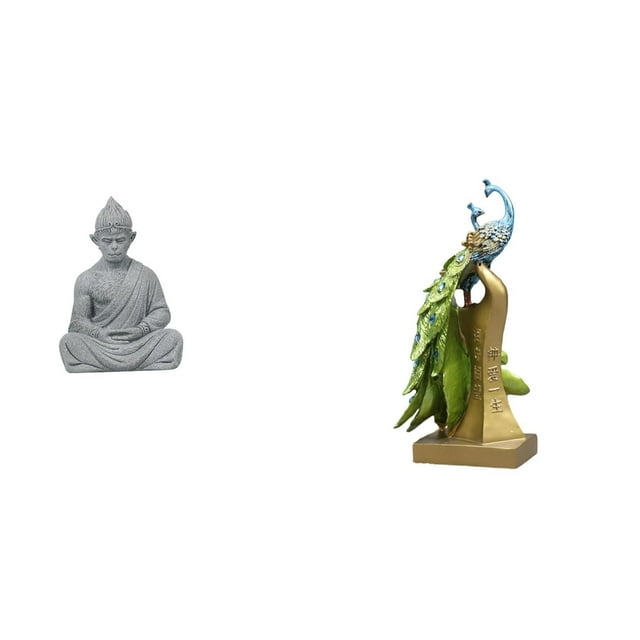 Estatua de mono,Estatua de Buda Mono para Interiores y Exteriores Budista,Figuras en miniatura meditando para decorar el jardín de casa.,Figura de escritorio,Estante de estatua de pavo real