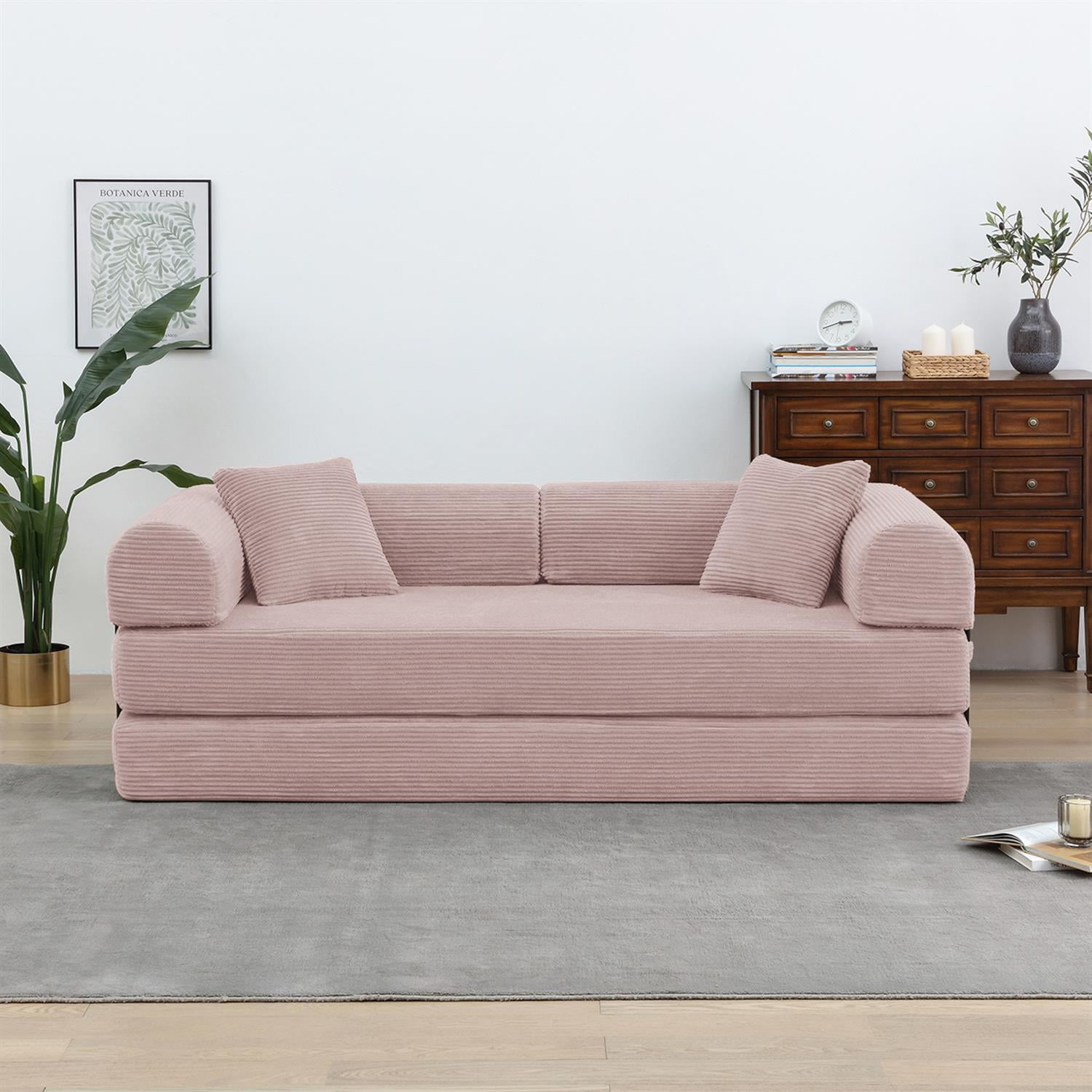 Demi Bonn 77" Convertible Sleeper Sofa Bed, Corduroy Foldable Mattress Couch with Cylindrical Pillow & Fixed Frame for Living Room, Bedroom, Pink