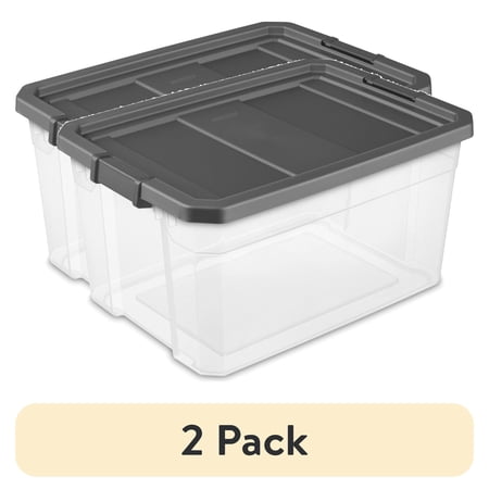 (2 pack) Sterilite 76 Quart Stacker Storage Bin Clear Plastic Storage Container with Latch Lid Durable Dark Gray