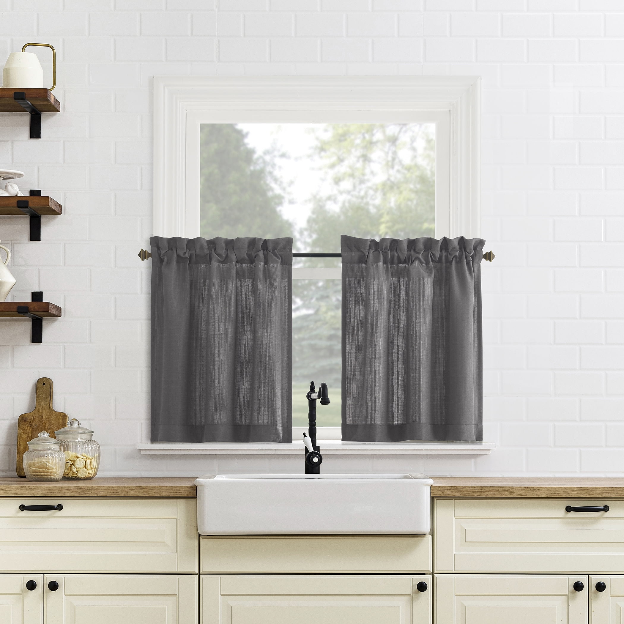 Mainstays 3-Piece Textured Semi Sheer Rod Pocket Kitchen Window Tier Pair and Valance, 2 Café Curtains and 1 Curtain Valance, Grey, 56"W x 36"L