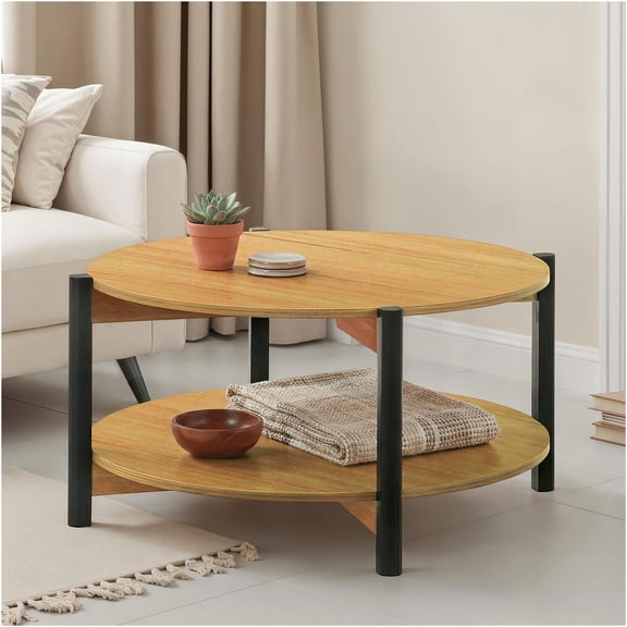 JERFIT Round Coffee Table, Transitional Style Oak Finish Engineered Wood Construction with Open Lower Shelf for Primary Living Spaces