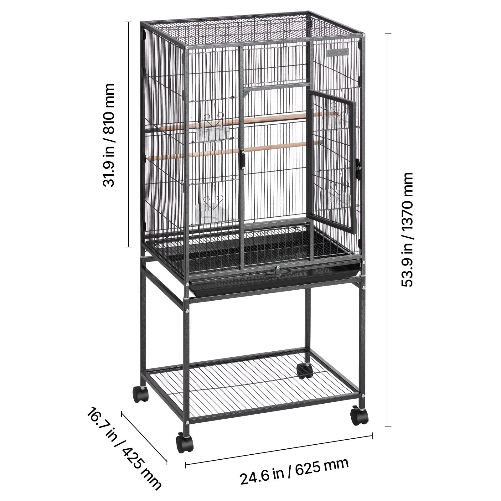 VEVOR Bird Cage, 24.6 x 16.7 x 53.9 in, Flat Top, Wrought Iron Bird Flight Cage with Perches, Slide-Out Tray and Plastic Feeders, Casters, for Parrot, Blue Tit, Cockatiel, Canary, Budgerigar, Conure