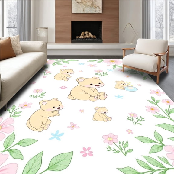 ODIKA 4'x6' Machine Washable Non-Slip Area Rug, Nature Nursery Bear High Traffic Rug, Pink, 317916